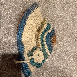 Handmade Crocheted Beret with Flower Accent - Cream & Teal